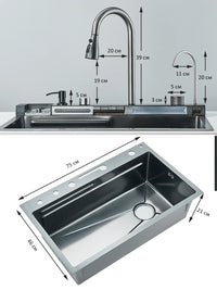 Évier de Cuisine Cascade Inox 304 avec Robinets, Lave-Verre et Afficheur