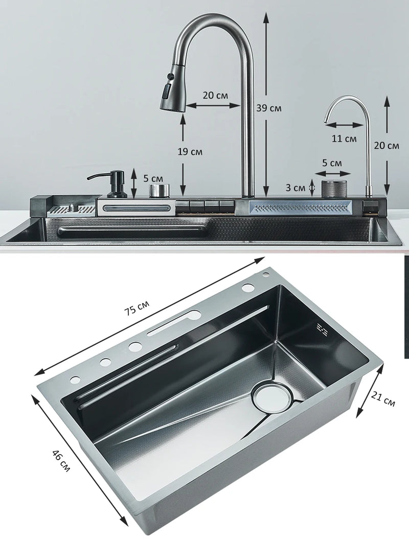 Évier de Cuisine Cascade Inox 304 avec Robinets, Lave-Verre et Afficheur
