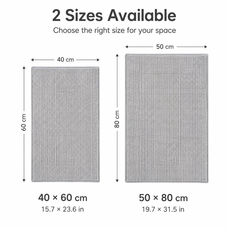 Tapis de Bain Chenille Gris Clair Antidérapant Absorbant, 2 Tailles
