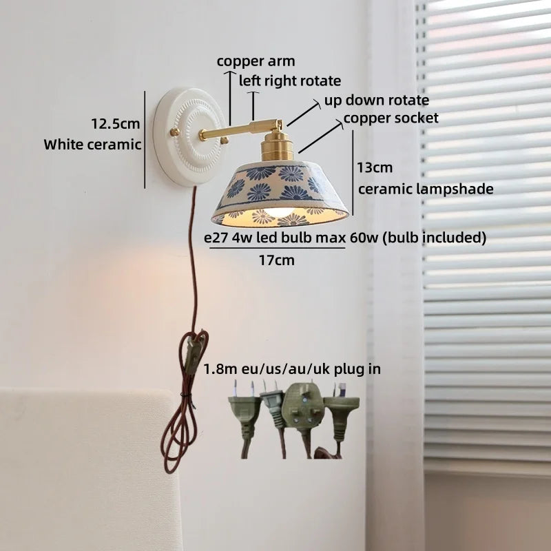 Applique Salle de Bain Céramique Fleurs Bleues ou Blanche, Verre à Anneaux