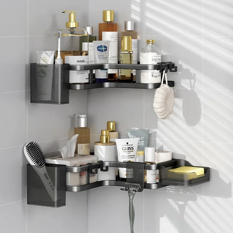 Étagère de Douche d'Angle Sans Perçage Noir ou Blanc, 2 Étagères et Accessoires