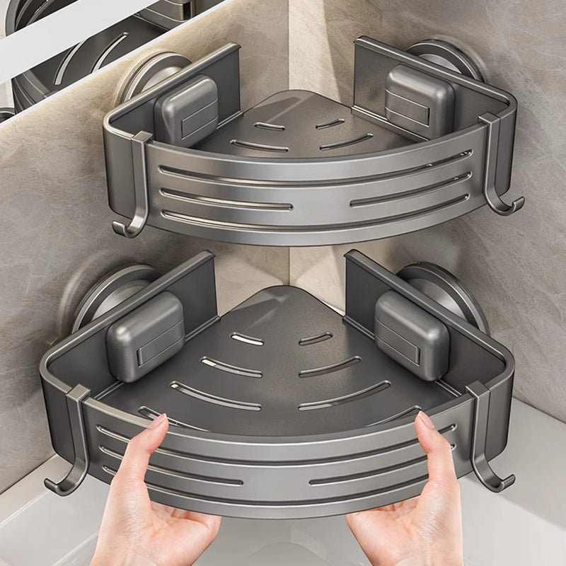 Étagère de Douche Triangulaire à Ventouse avec Crochets, Gris ou Blanc