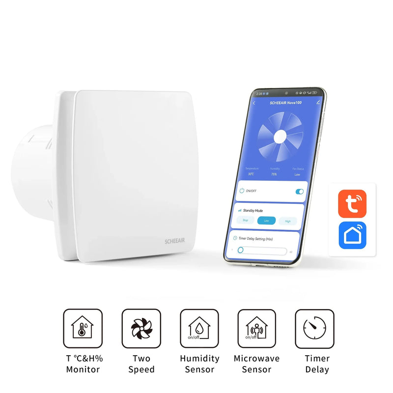 Aérateur Salle de Bain Connecté 100 mm, Capteurs d'Humidité et de Mouvement