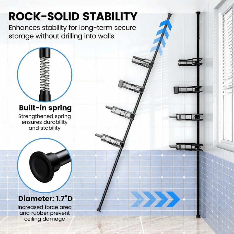 Étagère de Douche d'Angle Télescopique Noire 4 Niveaux, 110 à 305 cm