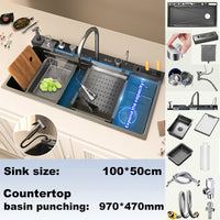 Évier de Cuisine Inox 304 Multifonction, Robinet Cascade, 68 à 100 cm