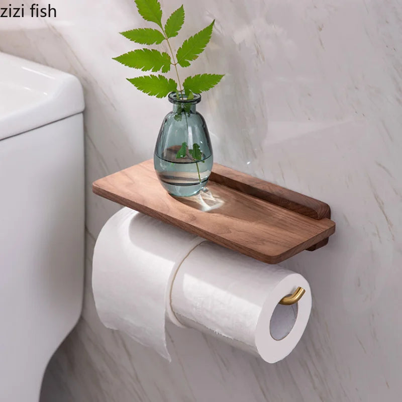 Porte-Papier Toilette Mural en Bois avec Tablette Doré