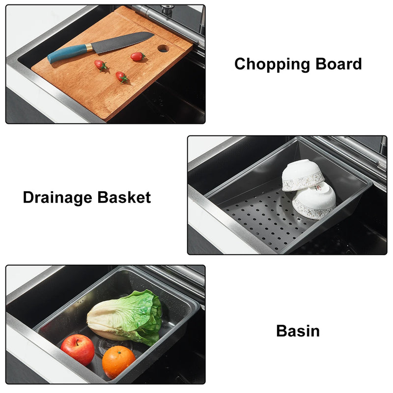 Évier Cuisine Inox Noir 1 Bac Cascade Rince-Verre, 60 ou 75 cm