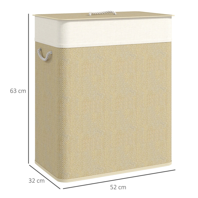 Panier à Linge Double Compartiment Bambou 100 L Crème