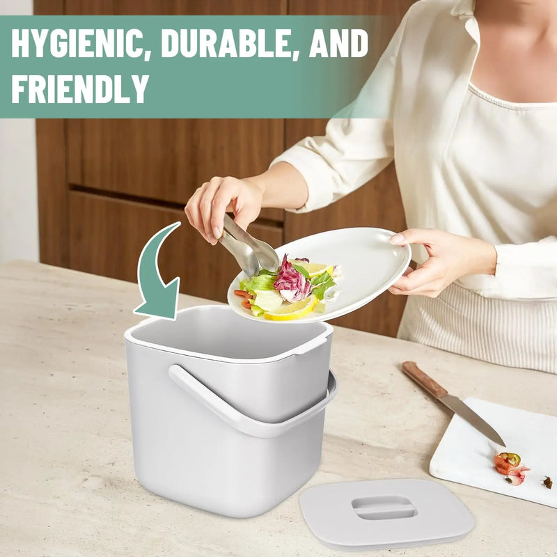 Poubelle Cuisine Compost avec Couvercle et Panier Filtrant Amovible, Gris Clair