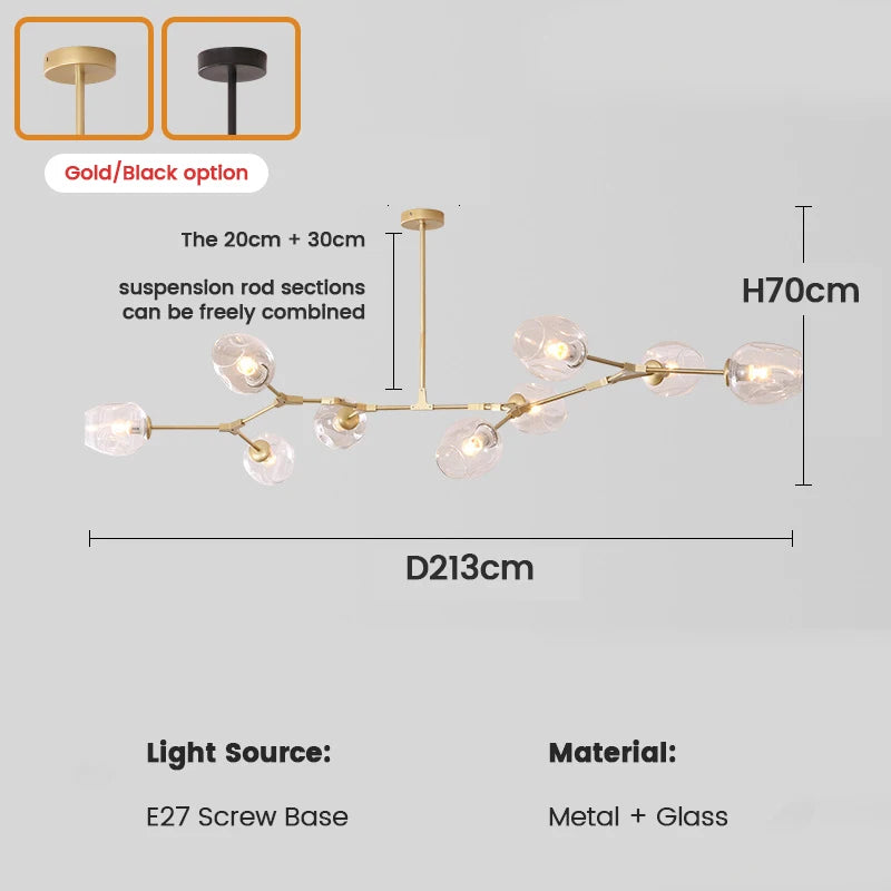 Suspension Cuisine Branches Globes en Verre, 3 à 9 Têtes