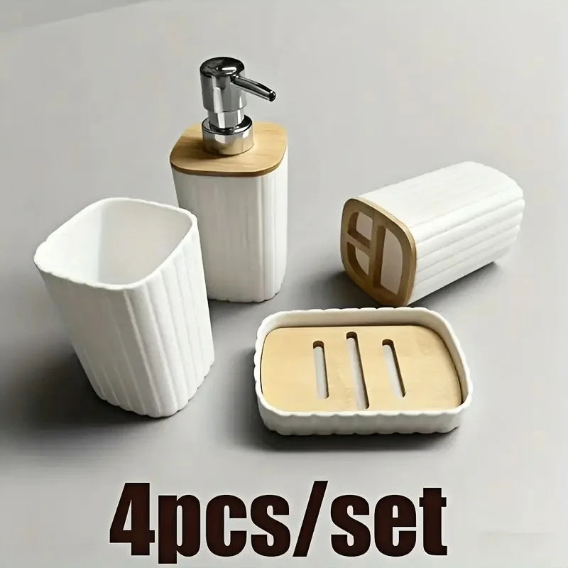 Ensemble Accessoires Salle de Bain Blanc et Bambou, 4 Pièces