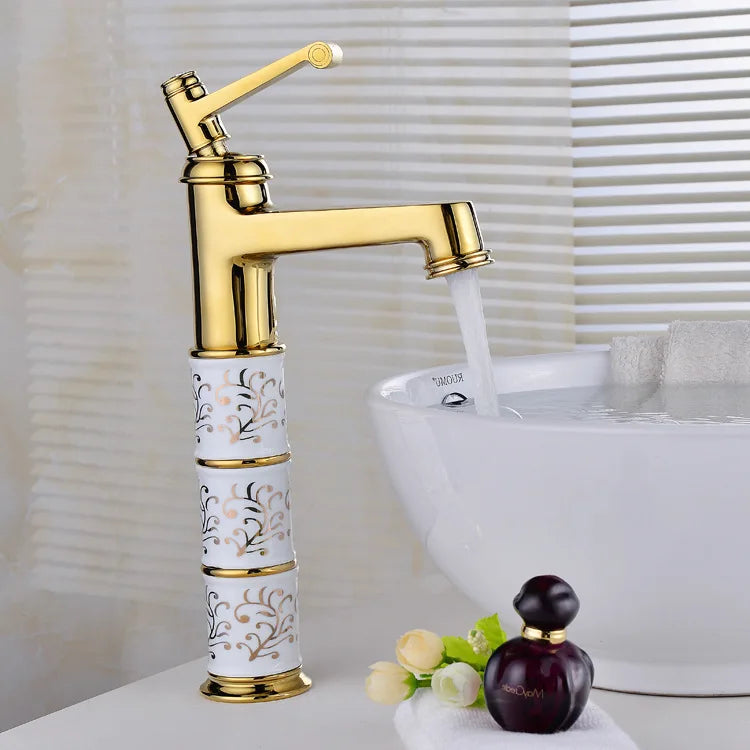 Mitigeur Lavabo Haut Céramique Blanche Motif Doré