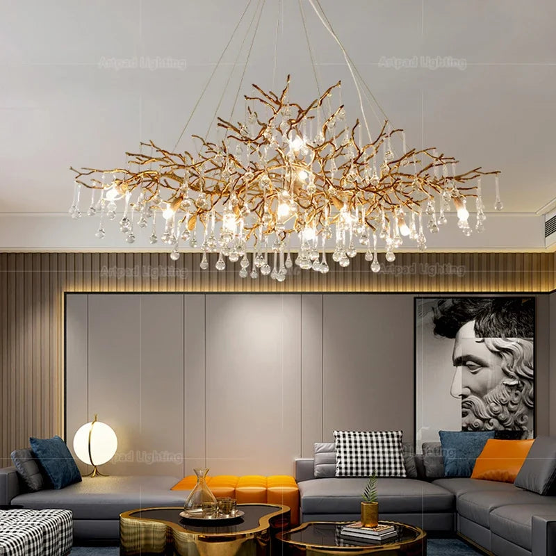 Lustre Suspension Cuisine Branches et Gouttes de Cristal, Doré ou Argenté, 100 à 150 cm