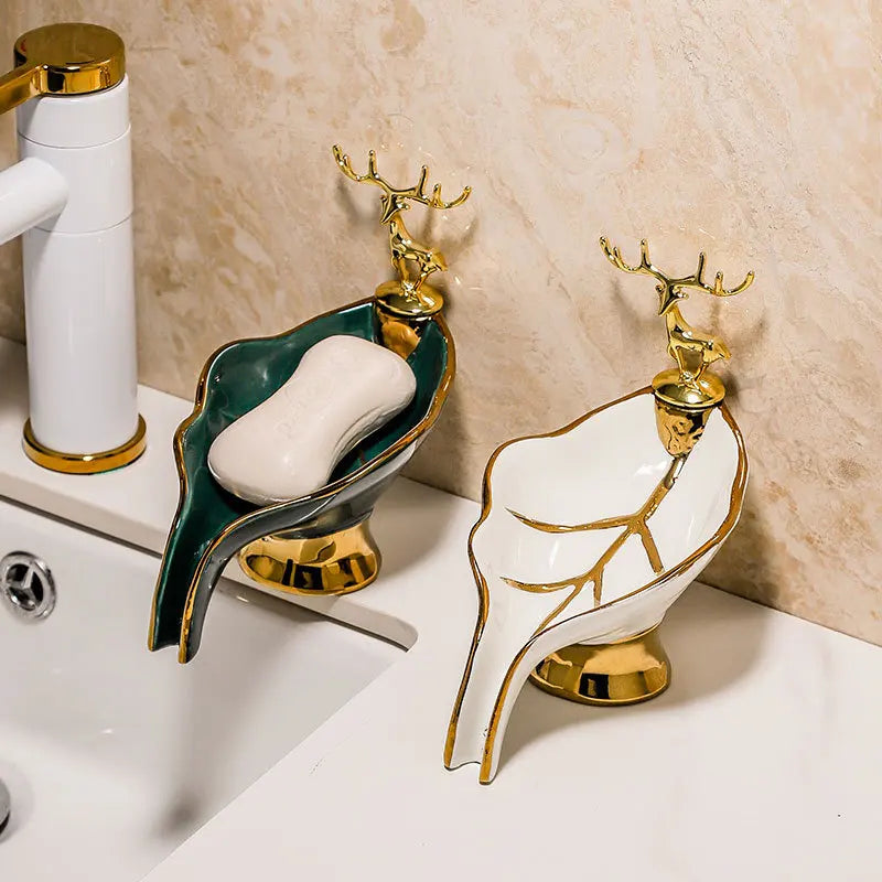 Porte-Savon Céramique Feuille Décor Cerf Doré