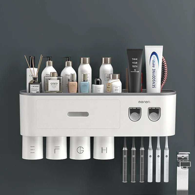 Porte-Brosse à Dents Magnétique avec Presse-Dentifrice et Étagère Murale
