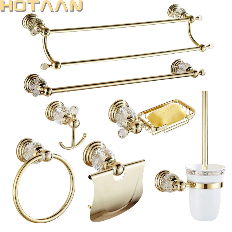 Accessoires Salle de Bain Dorés Cristal à la Pièce, 16 Articles