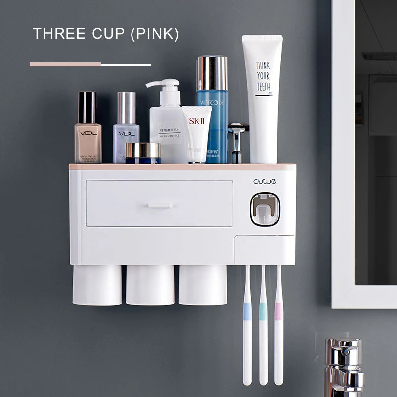 Porte-Brosse Mural Magnétique avec Tiroir et Distributeur de Dentifrice, 2 à 4 Gobelets