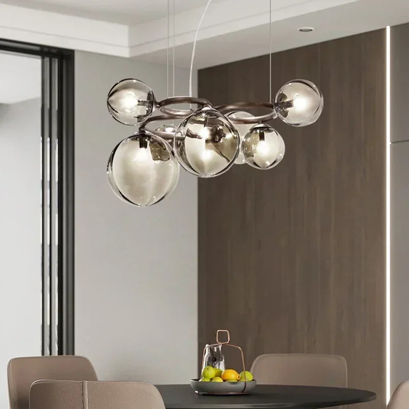 Suspension Cuisine Globes Verre sur Anneaux, 5, 7 ou 9 Têtes