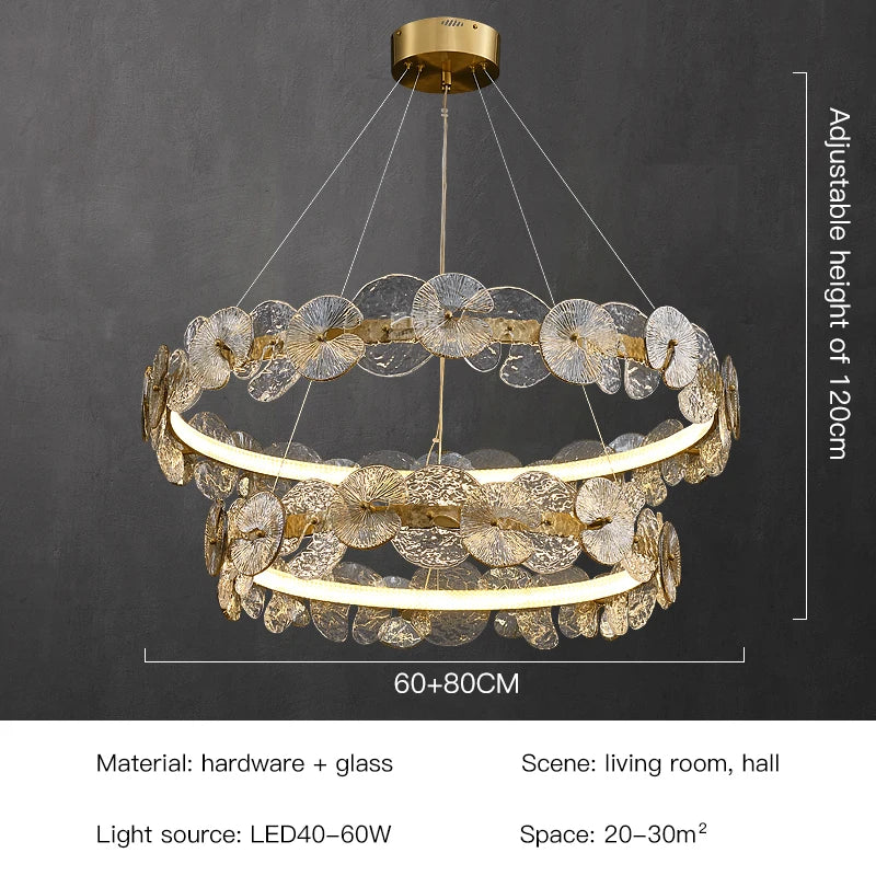 Lustre Suspension Cuisine Anneau LED Disques de Verre Doré, Ø 40 à 80 cm
