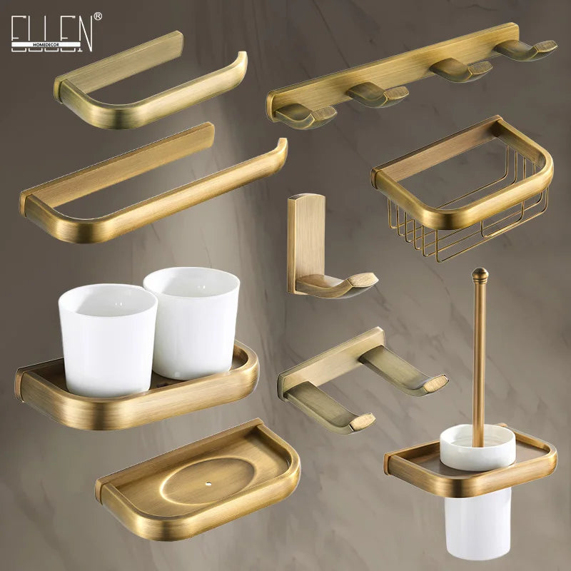 Accessoires Salle de Bain Laiton Vieilli Brossé à la Pièce, 9 Articles