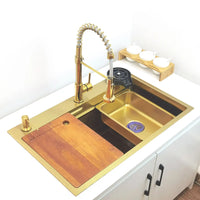 Évier Cuisine Inox 304 Doré Brossé 1 Bac Multifonction, 68 ou 75 cm