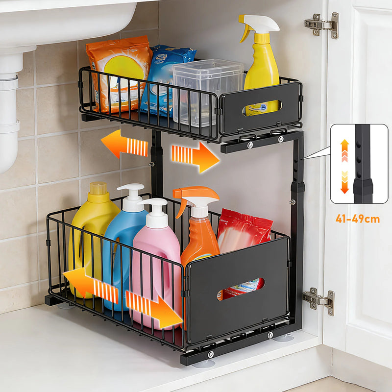Organisateur Sous Évier Coulissant 2 Niveaux Noir, Hauteur Réglable 41 à 49 cm