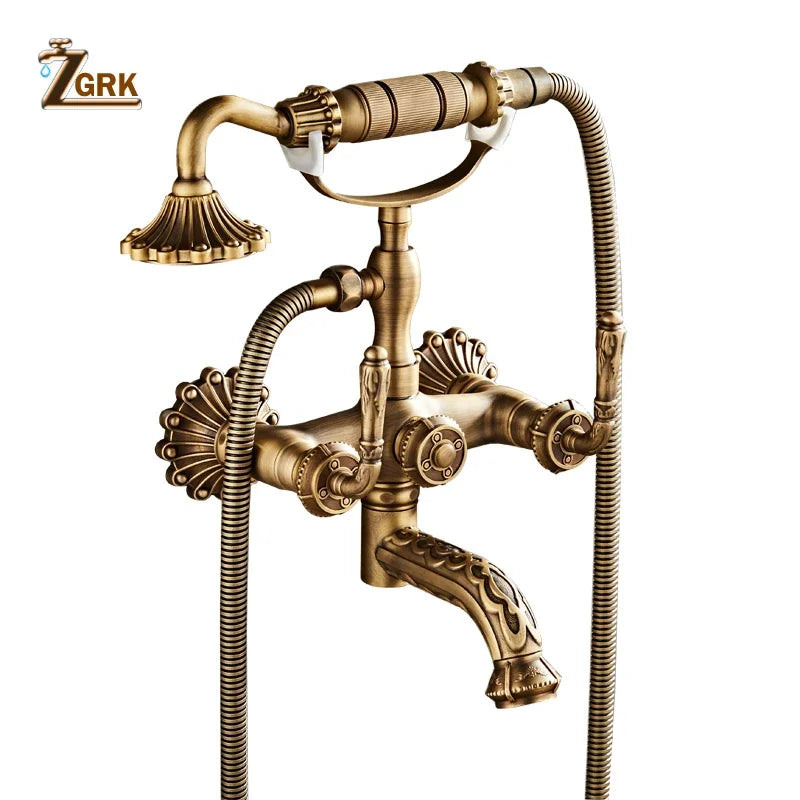 Robinet Baignoire Douche Rétro en Laiton Antique, avec Douchette