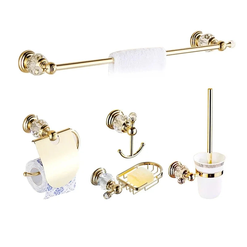Accessoires Salle de Bain Dorés à Cristal en Laiton à la Pièce, 12 Articles