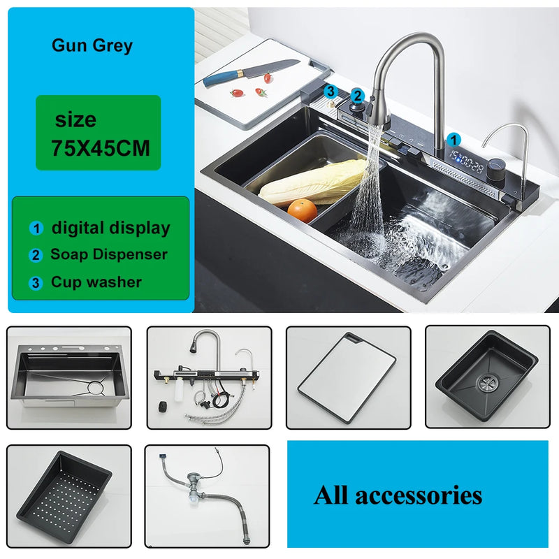 Évier de Cuisine Inox Cascade LED Affichage Digital 1 Bac