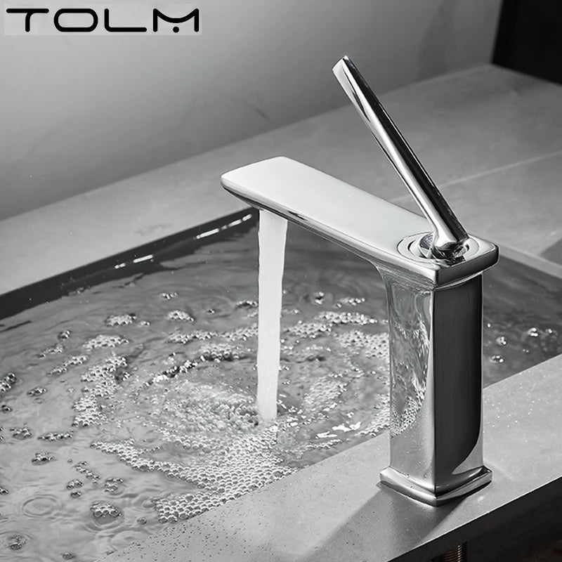 Mitigeur Lavabo Monotrou Chromé en Laiton, Bec Plat, Flexibles 50 cm