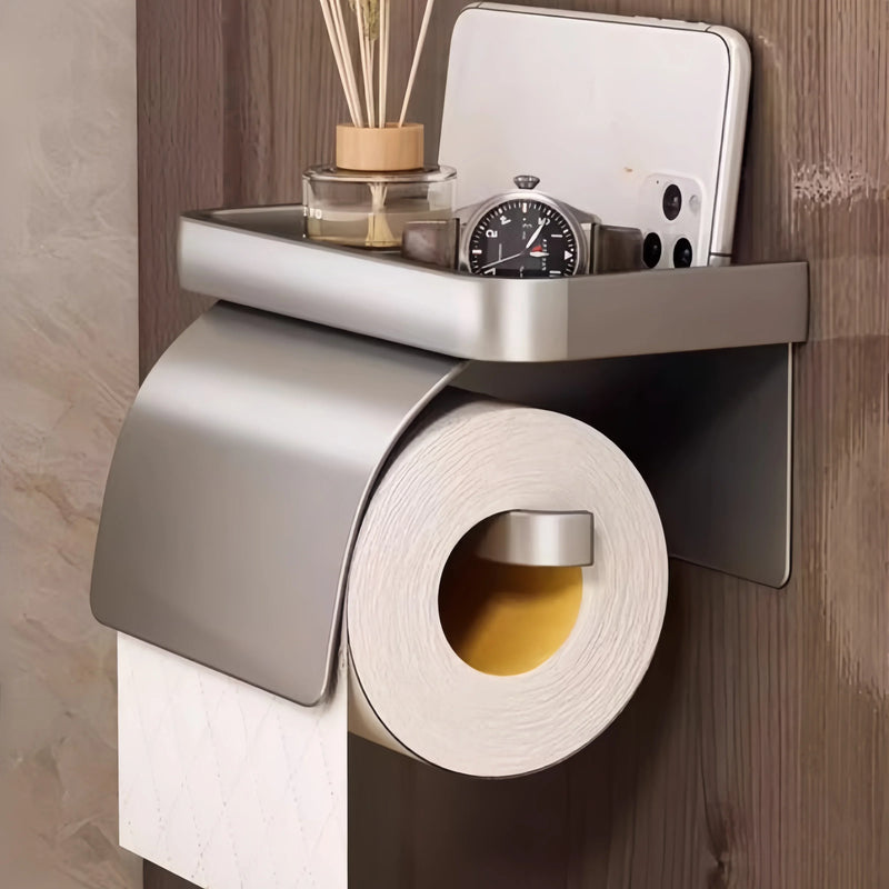 Porte-Papier Toilette Mural avec Tablette et Couvercle, Noir, Gris ou Argenté