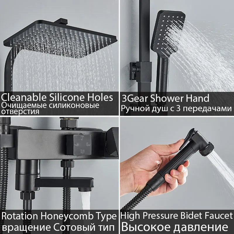 Colonne de Douche Réglable 73 à 116 cm avec Étagère, Noir, Chromé ou Doré