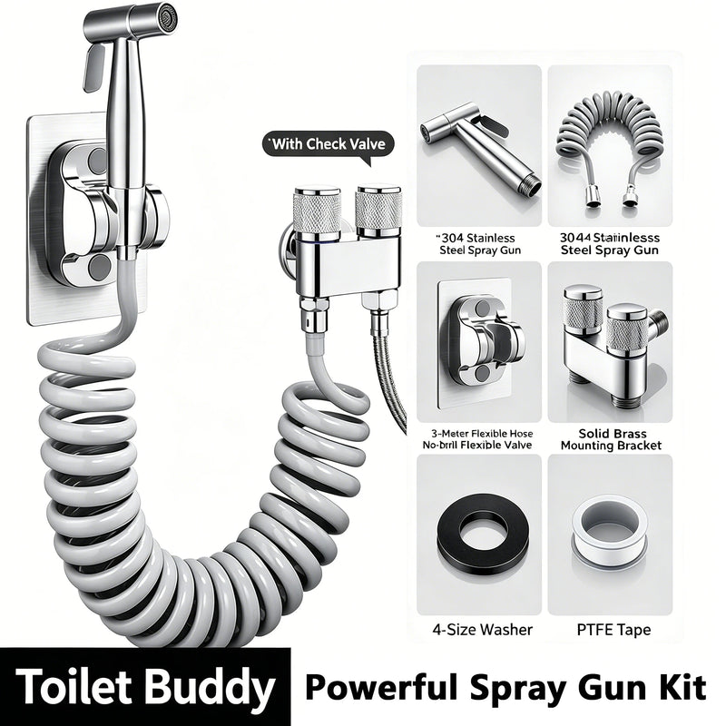 Douchette WC Inox Kit avec Flexible Spiralé 3 m, Noir ou Argent