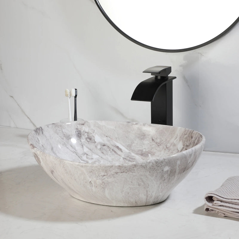 Vasque à Poser Ovale en Céramique avec Robinet et Bonde, 9 Décors
