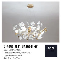 Suspension Cuisine Feuilles de Ginkgo Doré et Blanc, 60 à 150 cm