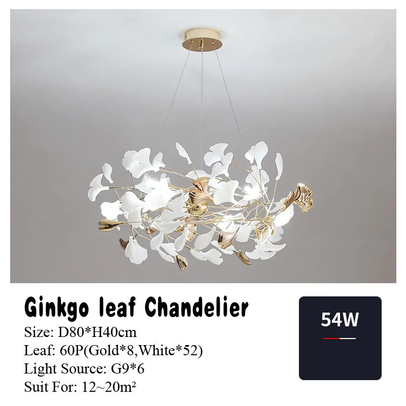 Suspension Cuisine Feuilles de Ginkgo Doré et Blanc, 60 à 150 cm