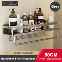 Étagère Salle de Bain Aluminium Sans Perçage Noir ou Gris avec Crochets, 30 à 50 cm