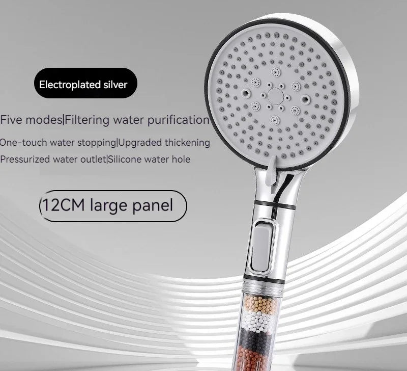 Pommeau de Douche Filtrant 5 Jets Stop Eau Haute Pression 12 cm