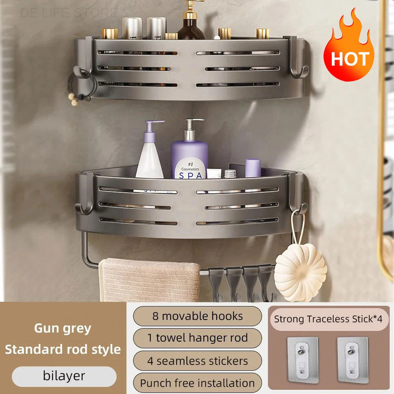 Étagère d'Angle de Douche Aluminium Sans Perçage, 1 ou 2 Niveaux