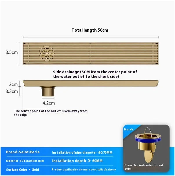 Caniveau de Douche Doré Inox 304, 20 à 60 cm de Long