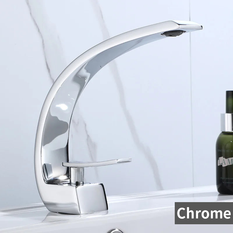 Mitigeur Lavabo Design Courbé Aluminium, Noir, Blanc, Chromé ou Doré Brillant