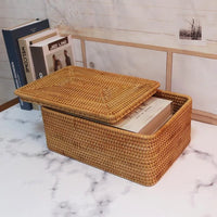 Panier de Rangement en Rotin Tissé avec Couvercle, 3 Tailles