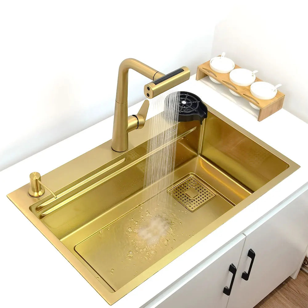 Évier Cuisine Inox 304 Doré Brossé 1 Bac Multifonction, 68 ou 75 cm