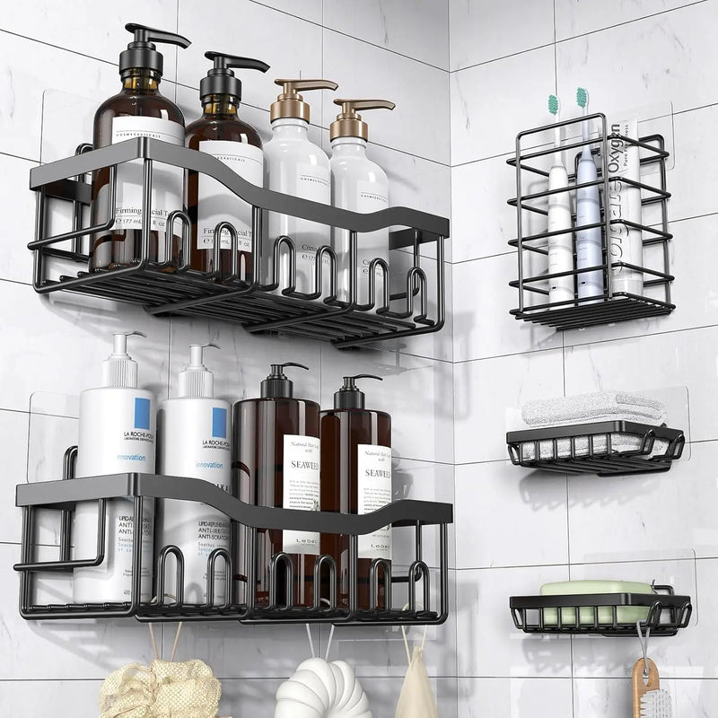 Étagère de Douche Sans Percer Inox Noir, Lot de 5 Pièces