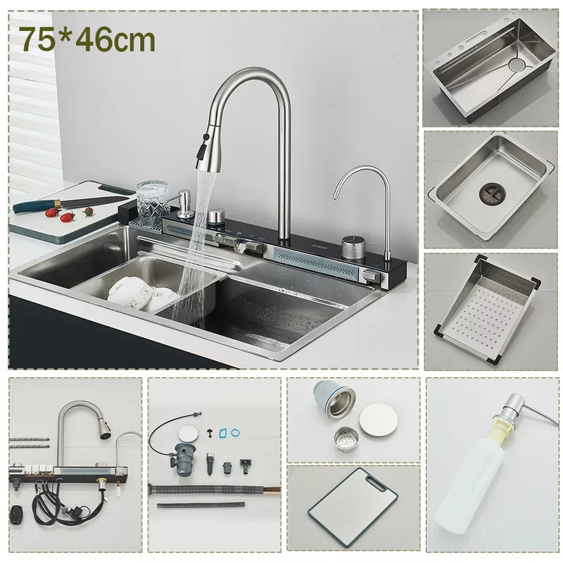 Évier Cuisine Inox 304 Cascade Tactile, Affichage Numérique, 75 x 46 cm