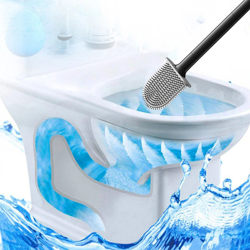 Brosse WC Silicone à Long Manche avec Support Mural Adhésif, Noir ou Blanc