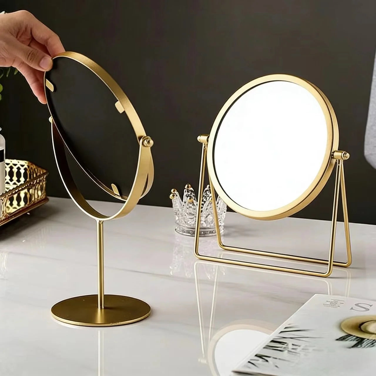 Miroir de Table Rond Rotatif en Métal Doré ou Noir, 17 cm