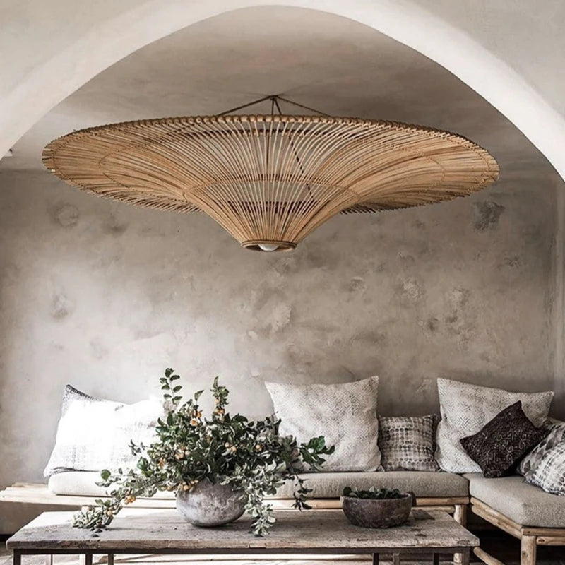 Suspension Cuisine Rotin Chapeau de Paille Wabi-Sabi, Ø 60 à 120 cm