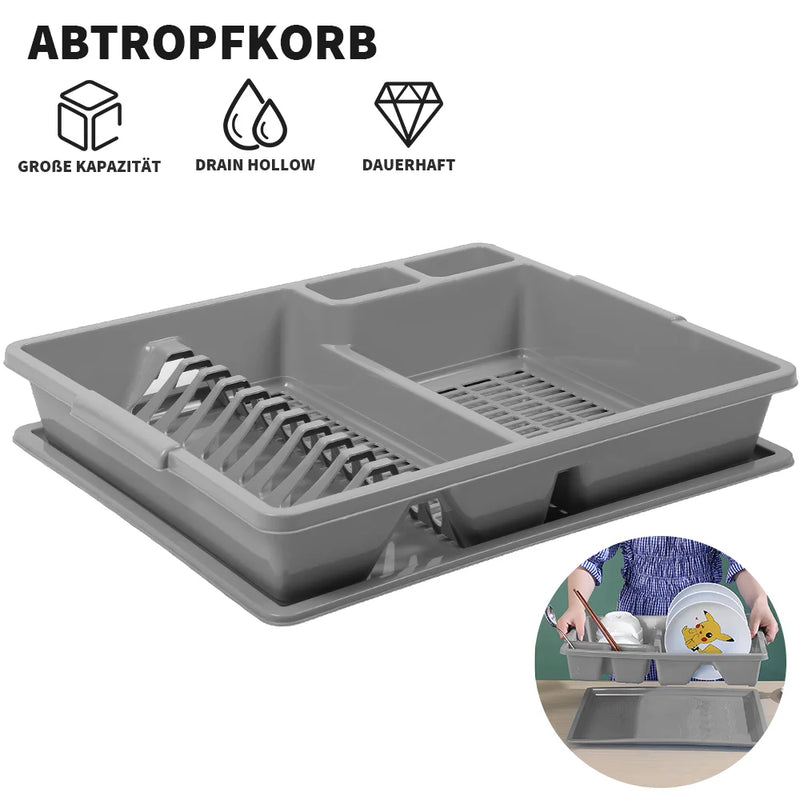 Égouttoir à Vaisselle Plastique Gris avec Plateau et Compartiments à Couverts 45 cm