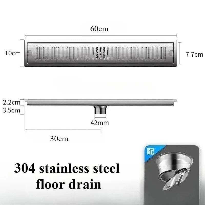 Caniveau de Douche Rectangulaire Inox 304 Anti-Odeur 10 x 60 cm